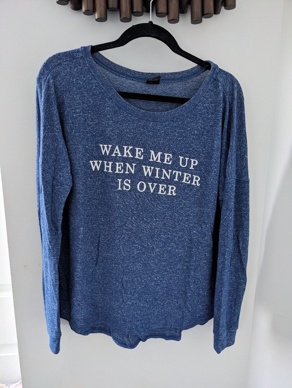 Women's Navy Long Sleeve Tee - "Wake Me Up When Winter Is Over" - Size Medium